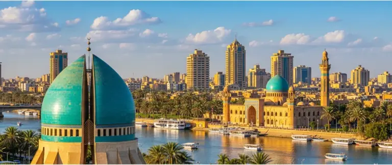 Cupola turchese di una moschea sul fiume a Baghdad