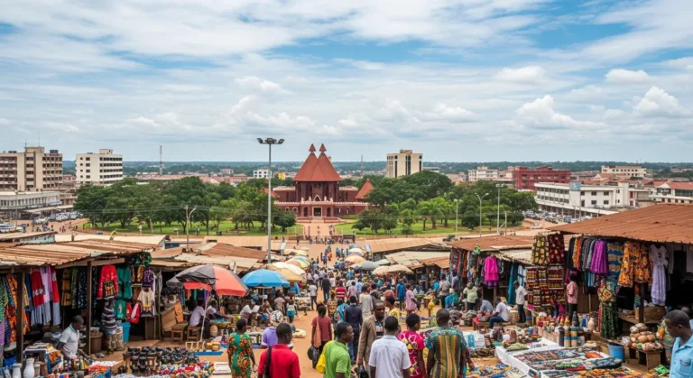 Mercato all'aperto di Kumasi, in Ghana, con bancarelle colorate