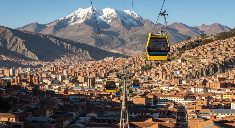 Funivia sopra La Paz, in Bolivia, con le Ande innevate sullo sfondo