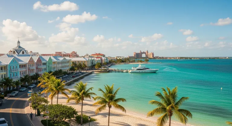 Lungomare di Nassau, alle Bahamas, con palme e acqua turchese