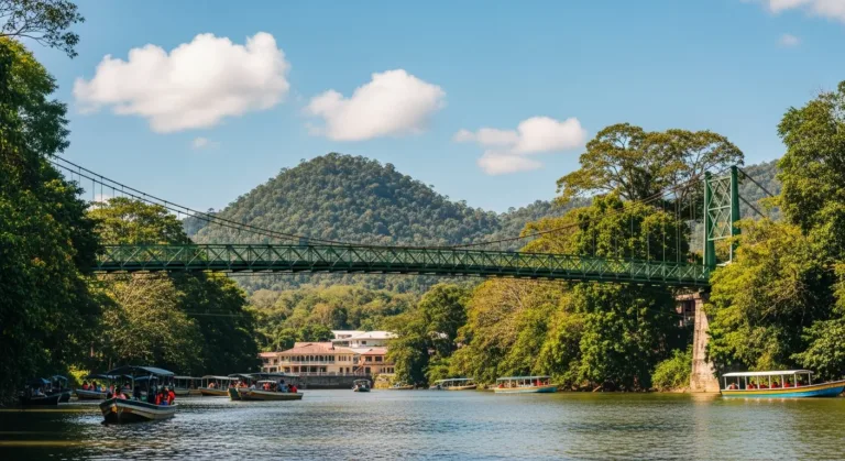 Fiume nella foresta di San Ignacio, in Belize, con un ponte sospeso