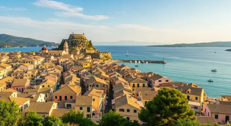 Case colorate della città vecchia di Corfù affacciate sul mare