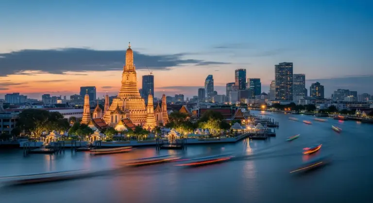 Tempio buddista illuminato sul fiume di Bangkok al tramonto