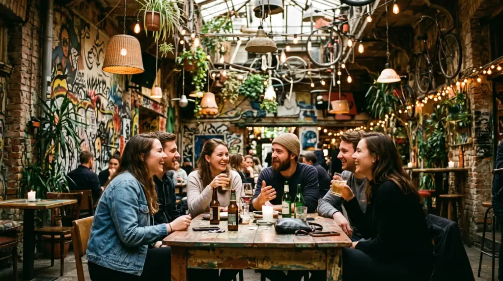 Gruppo di amici a un tavolo in un ruin bar di Budapest