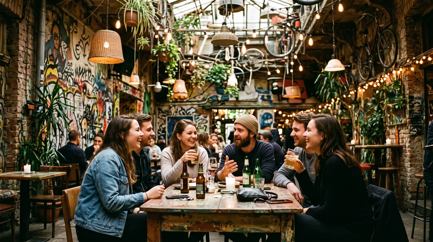 Gruppo di amici a un tavolo in un ruin bar di Budapest