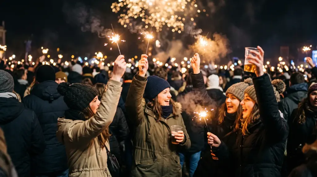 Gruppo di amici con stelline scintillanti in una piazza affollata a mezzanotte di Capodanno