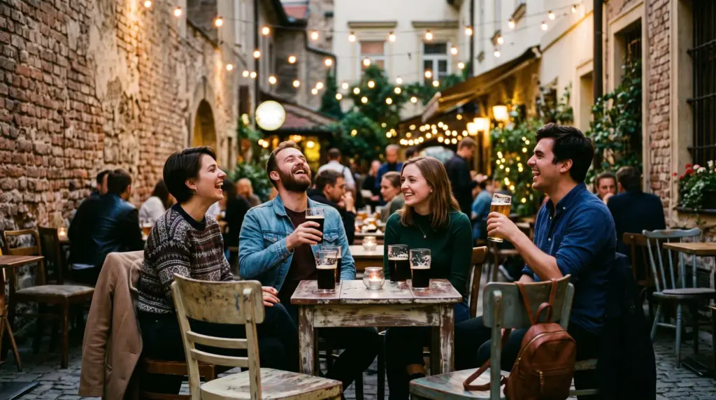 Amici a un tavolo in un cortile con lucine, la sera a Cracovia