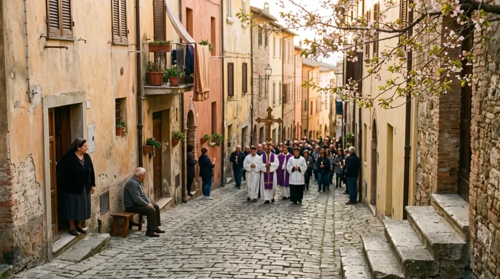 Processione della Settimana Santa lungo una via acciottolata di un borgo italiano