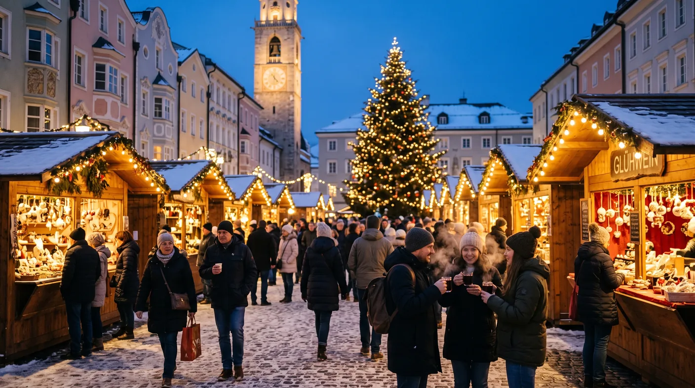 Casette di legno illuminate e albero addobbato in una piazza alpina durante il mercatino di Natale
