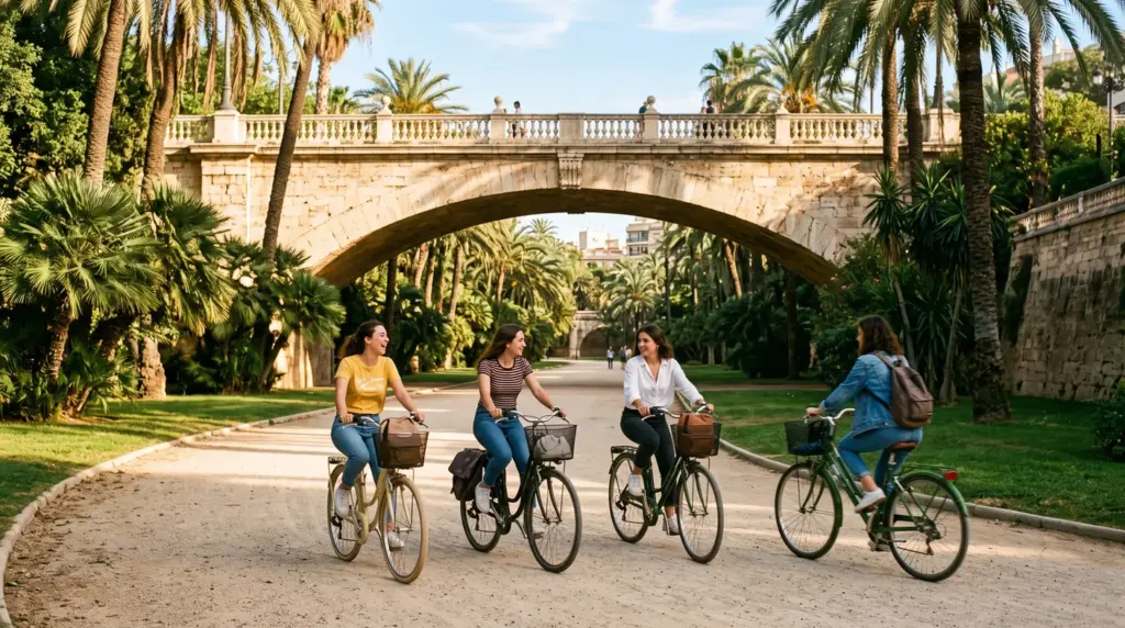Quattro amiche in bicicletta nel parco del Turia a Valencia