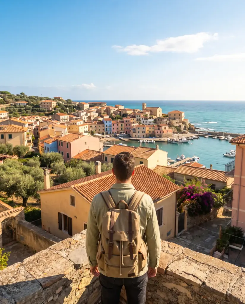 Viaggiatore con lo zaino che guarda dall'alto un paese colorato sul mare, con il porto e le barche